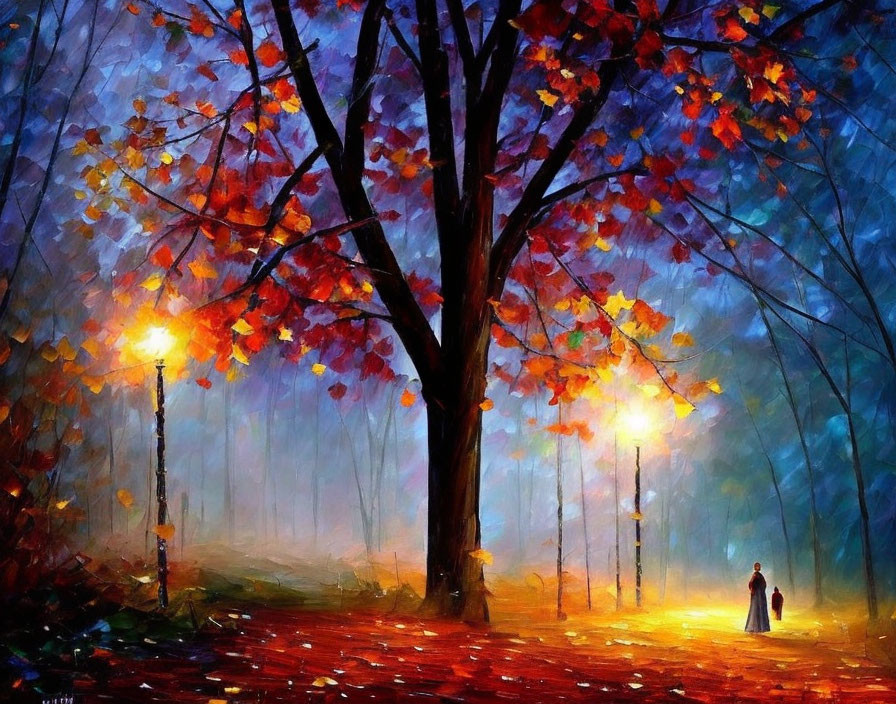 Autumn tree painting with warm streetlights and solitary figure