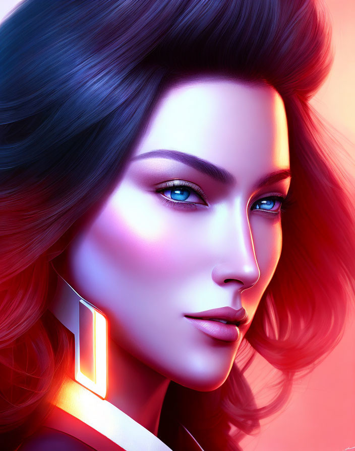 Stylized digital portrait of a woman with blue eyes and dramatic lighting