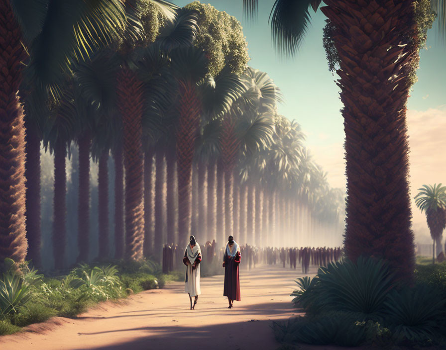 Tranquil scene: Two people walking on sandy path with tall palm trees