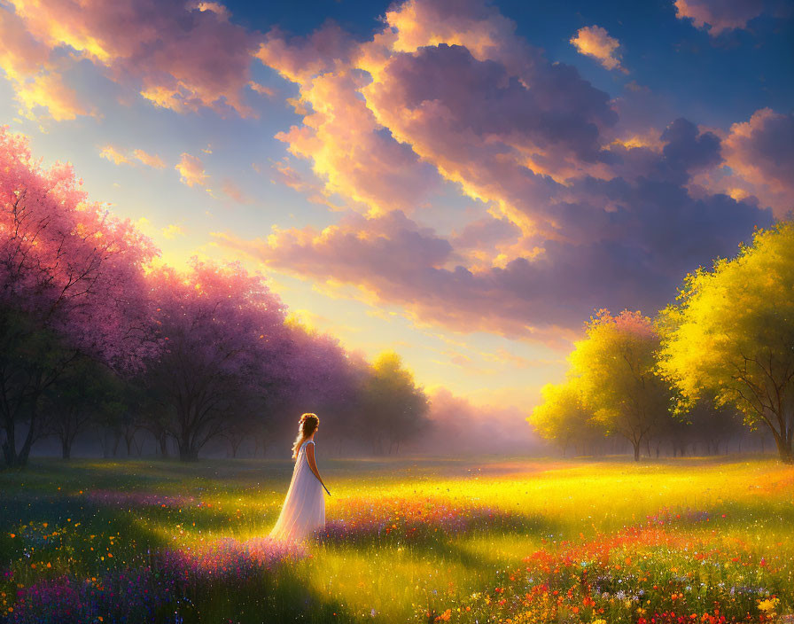 Woman in white dress admiring vibrant meadow at sunset