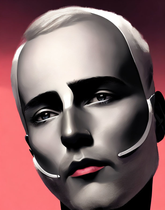 Futuristic sci-fi illustration: person with robotic face on red background