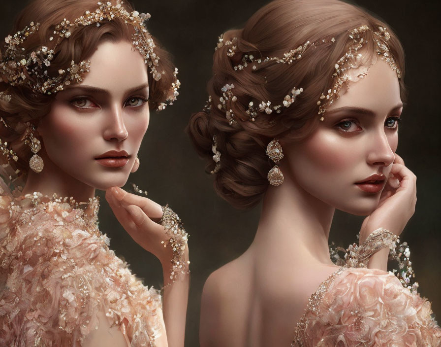 Floral Hairpieces and Pearl Jewelry on Elegant Women