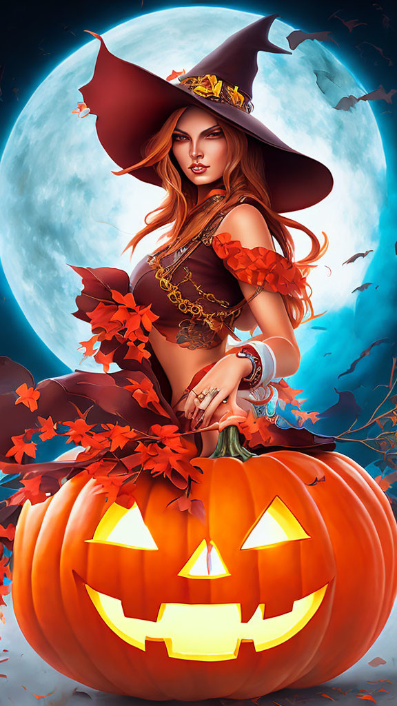 Stylized witch illustration with long hair and autumn hat sitting on jack-o'-lantern under full