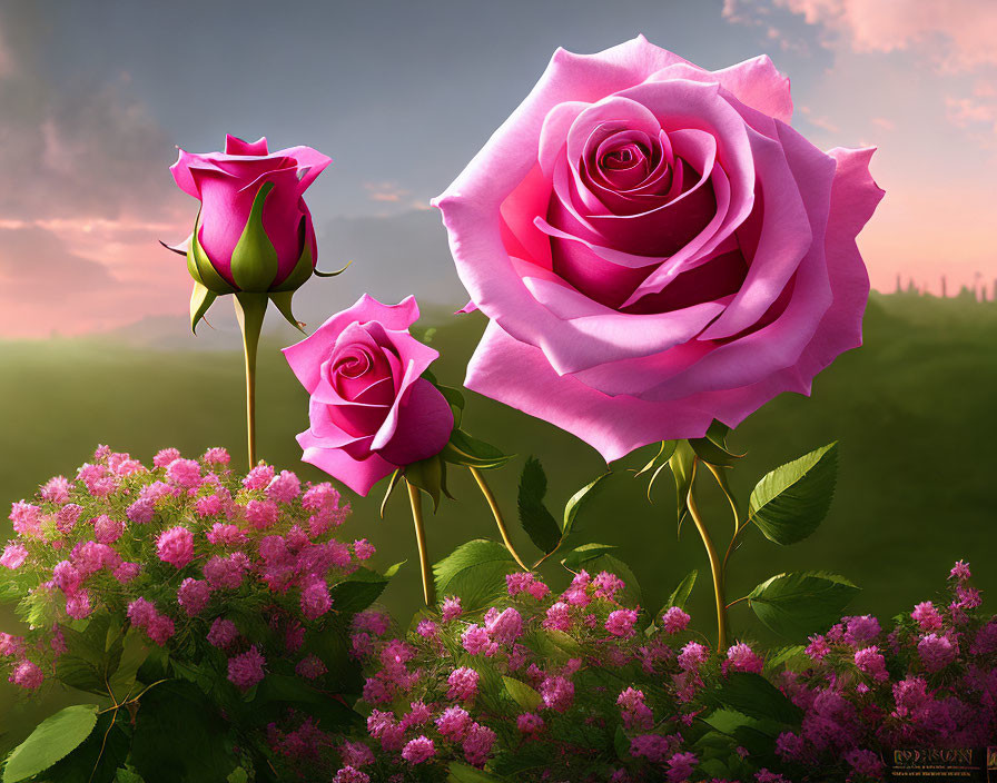 Three pink roses with green leaves on pink flower backdrop and pastel sky.