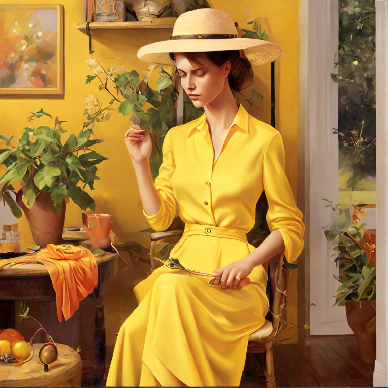 Woman in yellow dress with wide-brimmed hat surrounded by plants and fruit.