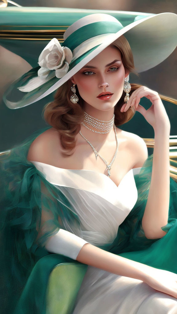 Stylish woman in white hat, dress, and pearls