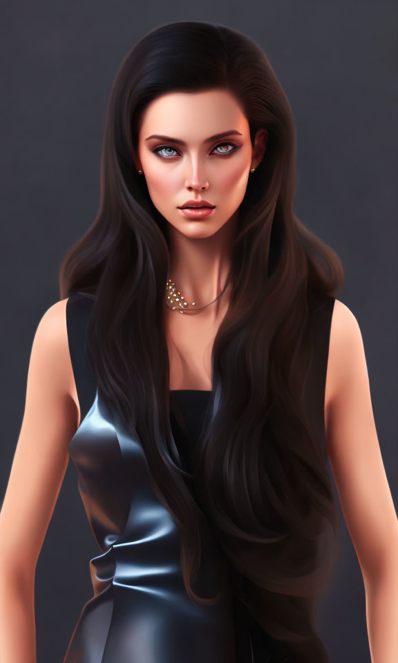 Detailed illustration of woman with long black hair, blue eyes, in dark strapless dress.