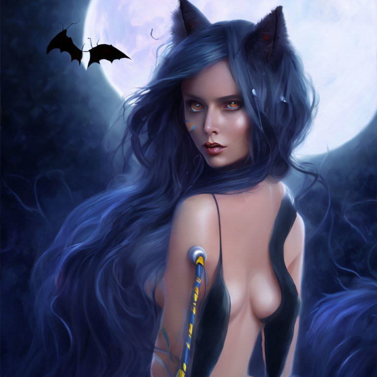 Digital artwork: Mystical woman with long blue hair, feline ears, intense eyes, holding staff