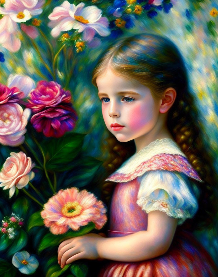 Portrait of young girl in pink dress with long brown hair among vibrant flowers