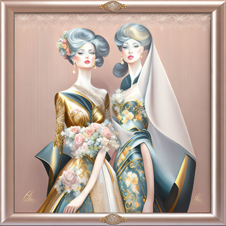 Two elegant women in gold and blue dresses with elaborate hairstyles and floral accents