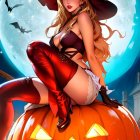 Stylized witch illustration with long hair and autumn hat sitting on jack-o'-lantern under full