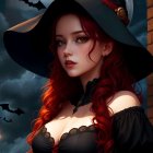 Red-haired female witch in black attire in spooky forest with full moon and bats