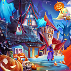 Victorian-style house with Halloween decorations and jack-o'-lanterns under moonlit sky