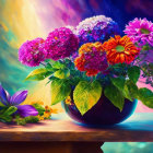 Colorful bouquet painting with dark vase on surreal backdrop.