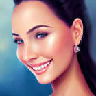 Smiling woman with dark hair in updo, sparkling earring, blue background