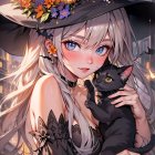 Digital artwork: Woman with silver hair, blue eyes, black witch hat, yellow flowers, grey cat