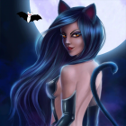 Digital artwork: Mystical woman with long blue hair, feline ears, intense eyes, holding staff