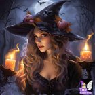 Digital artwork: Woman in witch costume with pumpkins and candles in misty forest