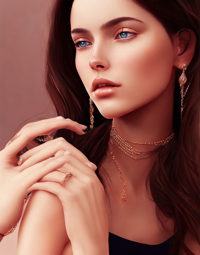 Blue-eyed woman with brown hair in gold jewelry poses elegantly