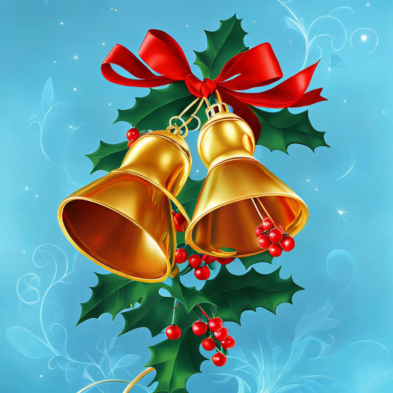 Golden Bells, Red Ribbon, Holly Berries on Blue Sparkling Background