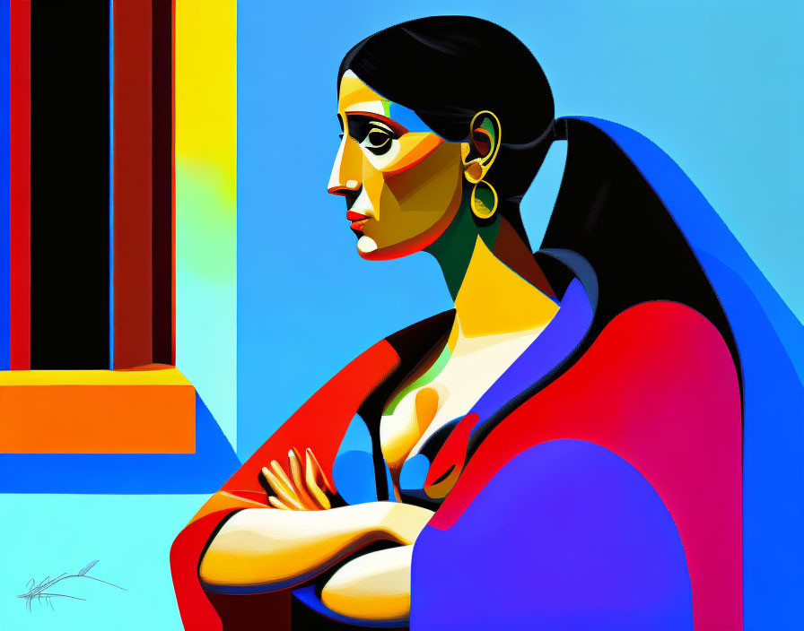 Geometric Cubist-inspired Woman Portrait with Bold Colors