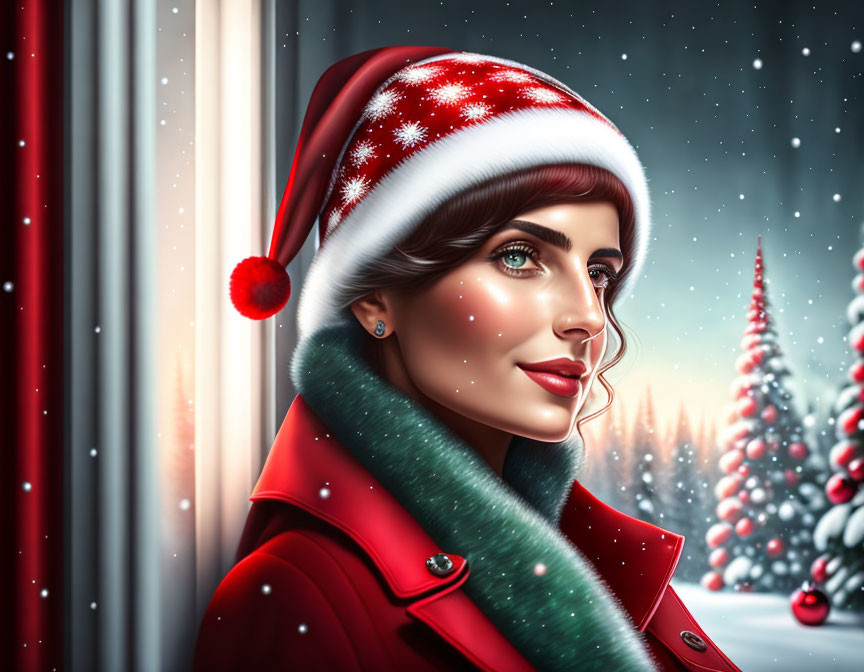 Digital artwork of woman in red Santa hat and coat by snowy window.