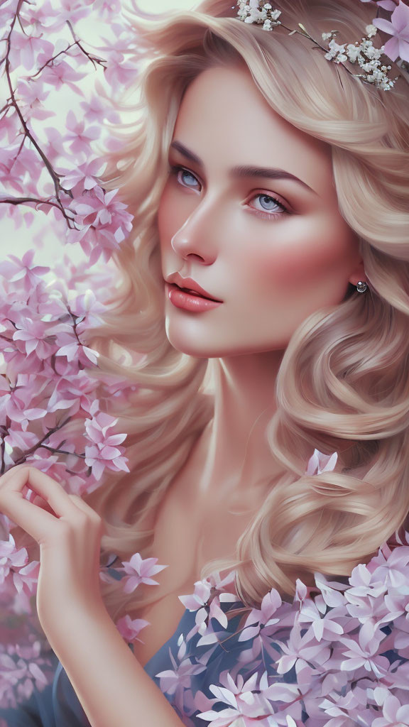 Blonde woman with floral crown among pink cherry blossoms