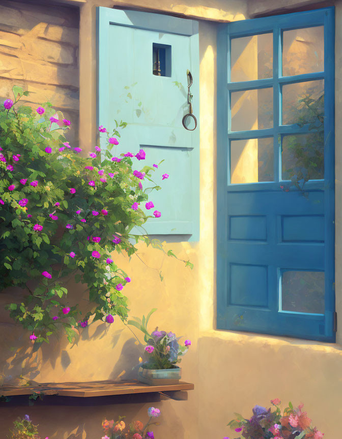 Tranquil corner with blue door, sunlit walls, pink flowers