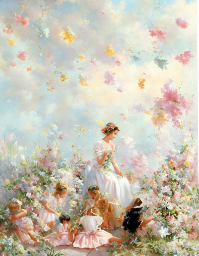 Ethereal painting of woman and children in flower meadow