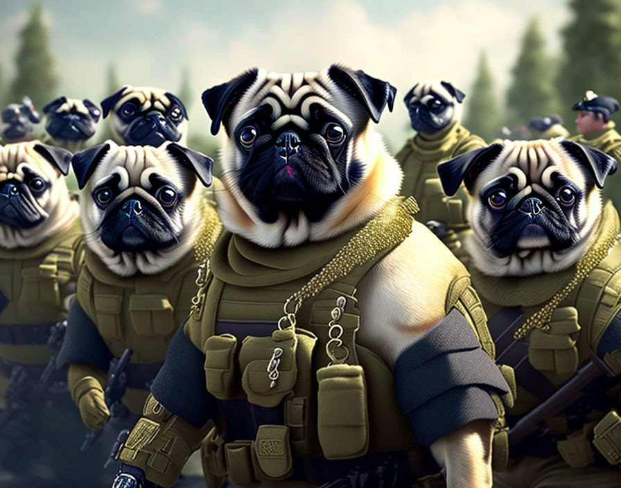 Group of pugs in military soldier attire with combat gear and dog tags