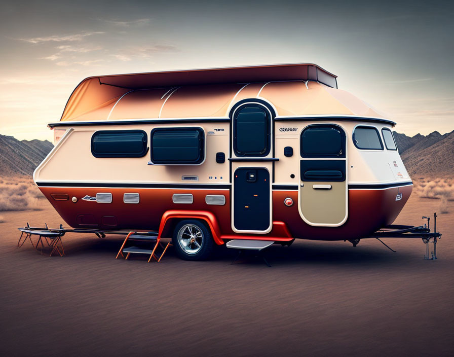 Vintage Caravan in Desert Landscape with Warm Tones and Sleek Design