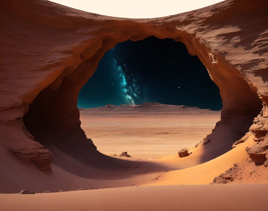 Starry Sky Over Desert Landscape Through Natural Arch