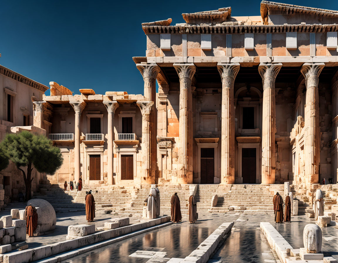 Ancient structure with columns and staircases under clear blue sky, figures in period costumes near reflecting pool