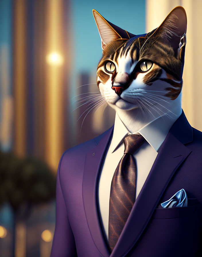 Anthropomorphic Cat in Purple Suit with Cityscape Background