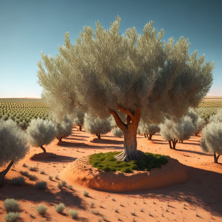 Solitary robust tree with silvery foliage in vast desert landscape