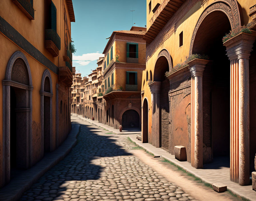 Sunlit Mediterranean cobblestone street with terracotta buildings and arches