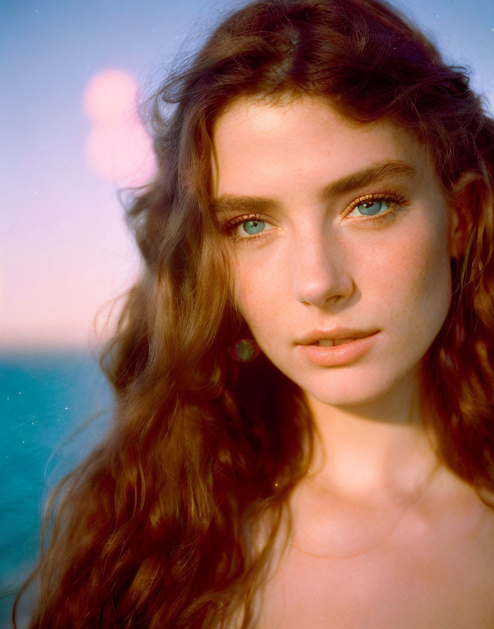 Young Woman with Wavy Brown Hair and Green Eyes in Golden-Hour Light by the Seaside