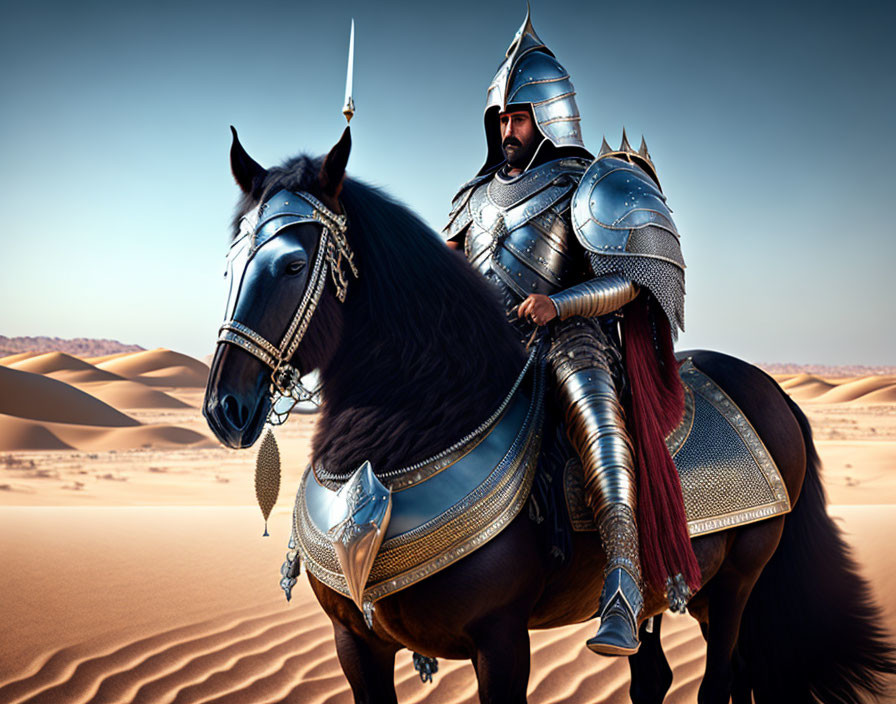 Knight in shining armor on majestic black horse in desert with clear sky