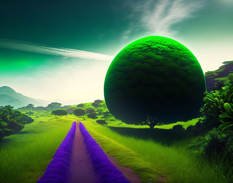 Vibrant surreal landscape with spherical green tree and purple road