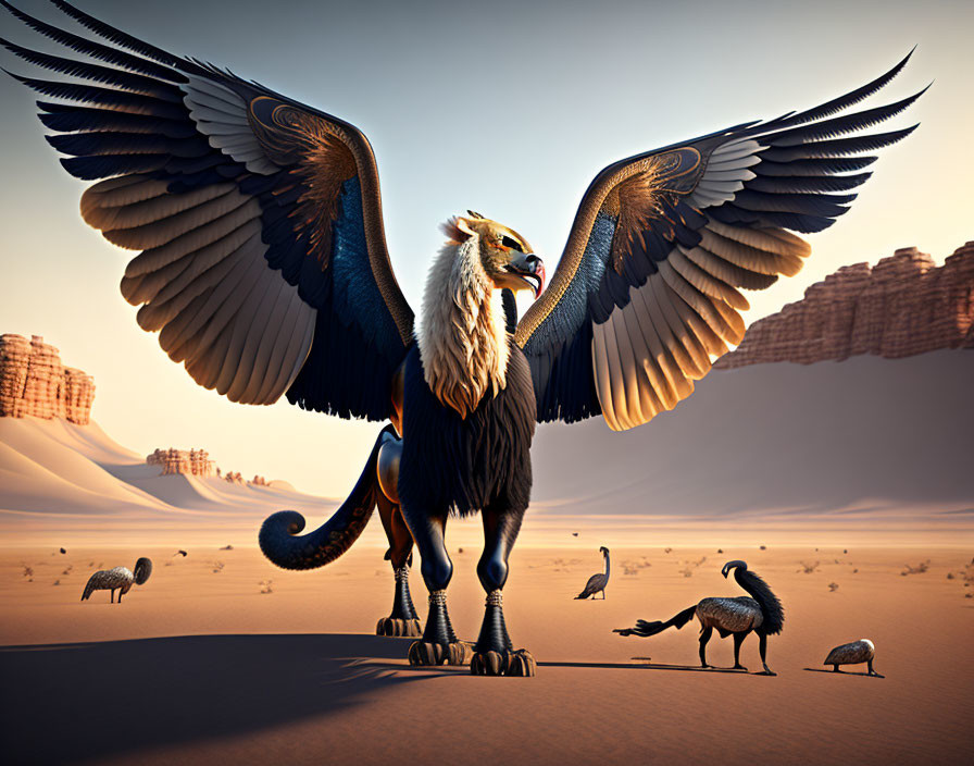 Majestic griffin with outstretched wings in desert with dodos under dusky sky