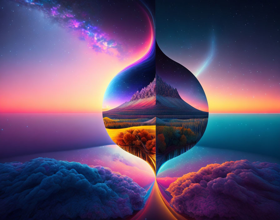 Surreal landscape with cosmic hourglass, space, mountain, trees, clouds, and serene waters