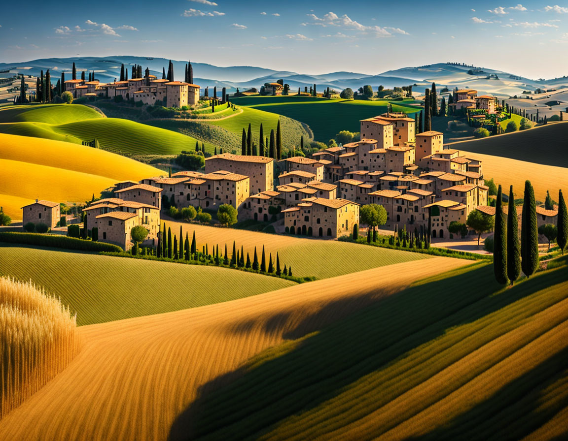 Golden fields and cypress trees in Tuscan village sunset.