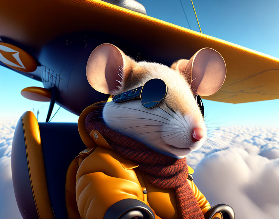 Stylized animated mouse in flight jacket on yellow biplane wing