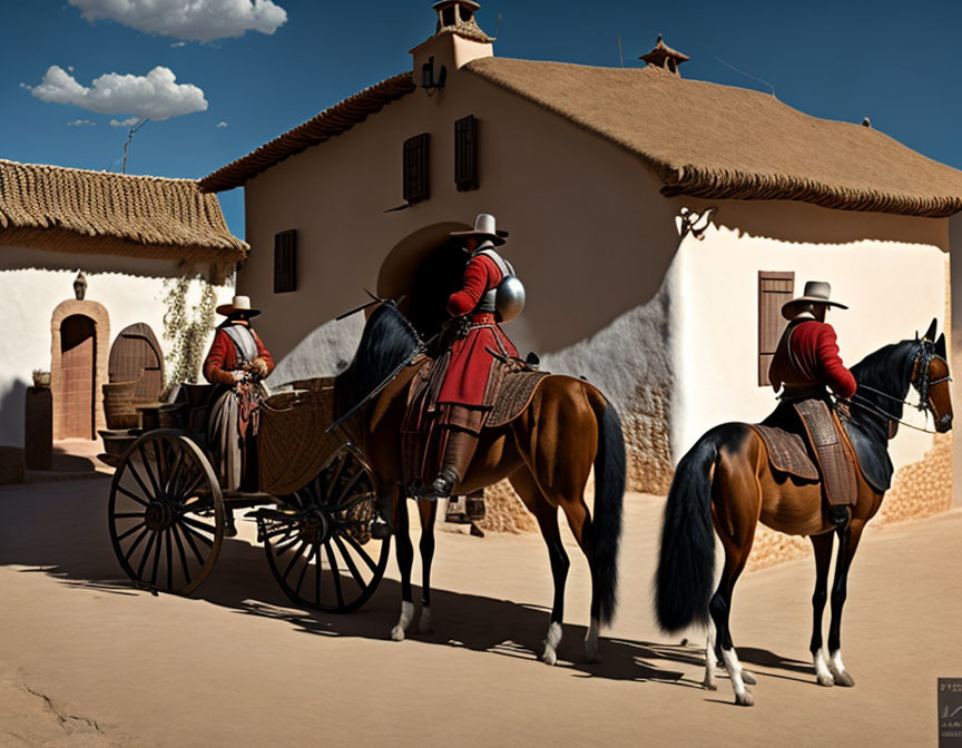 Traditional Attire Horseback Riders by Adobe Building