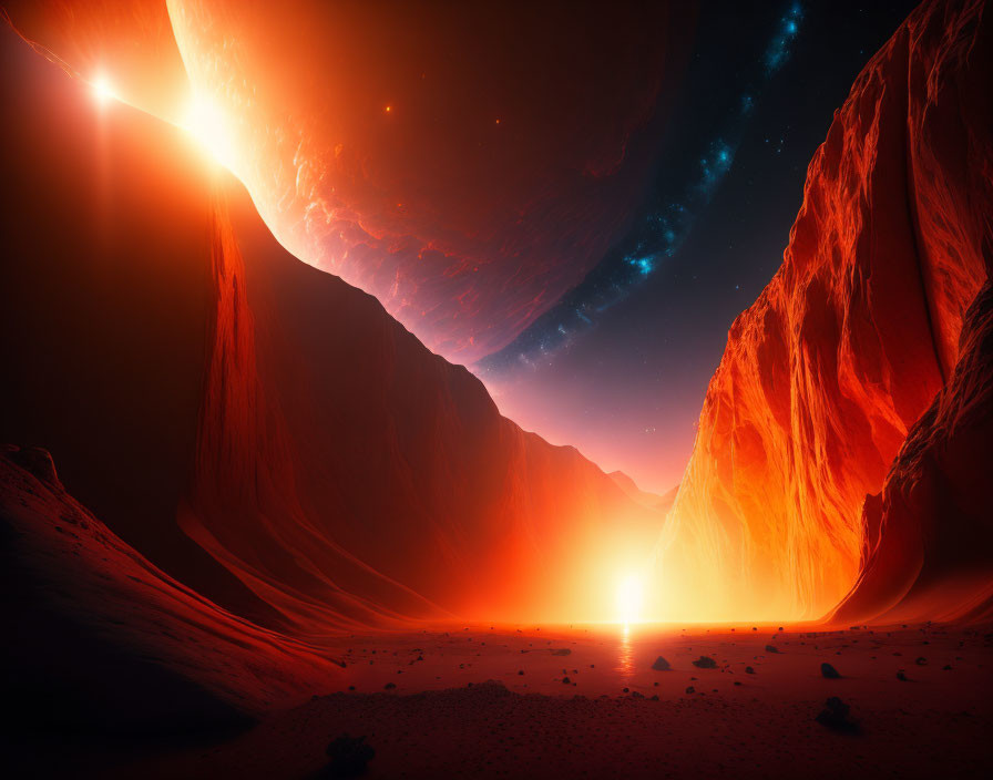 Alien planet with red cliffs, glowing sunset, and star-filled sky