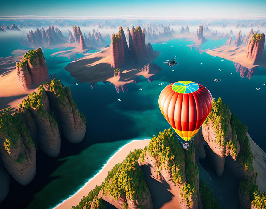 Vibrant hot air balloon over ocean, rock formations, sandy beaches