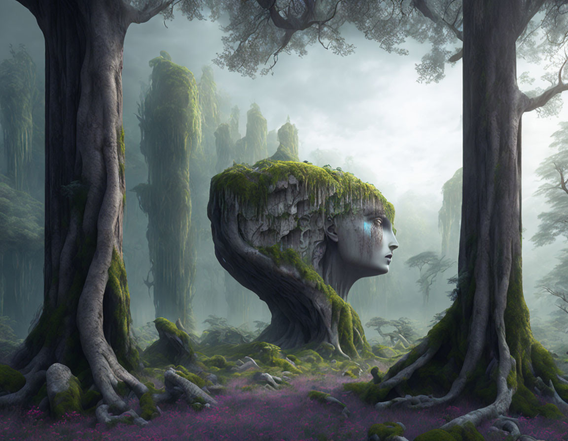 Mystical forest with woman-shaped tree, moss, ancient trees, mist, purple flowers