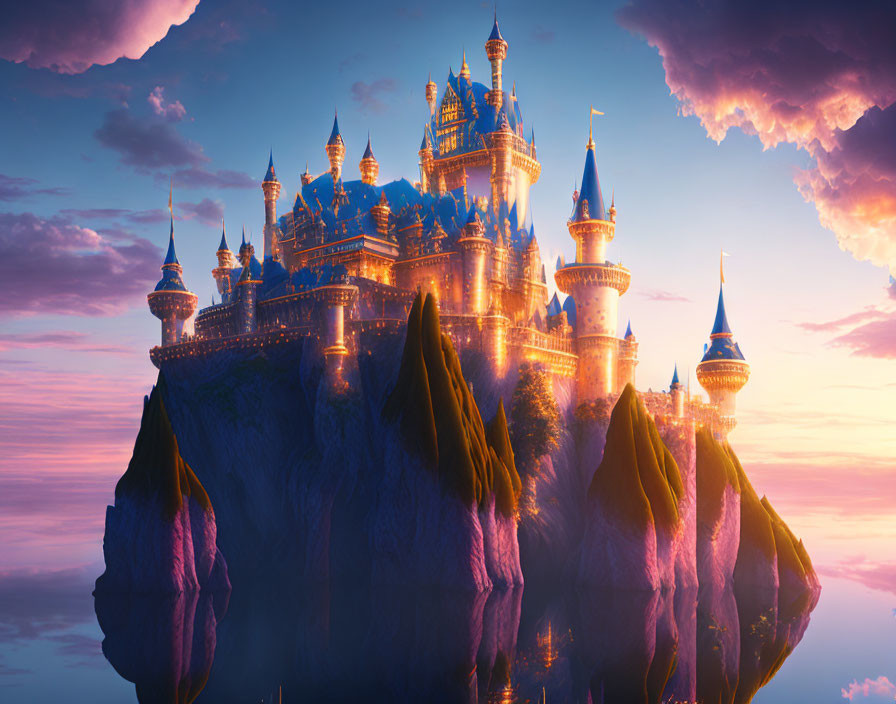 Majestic castle on floating island at sunset