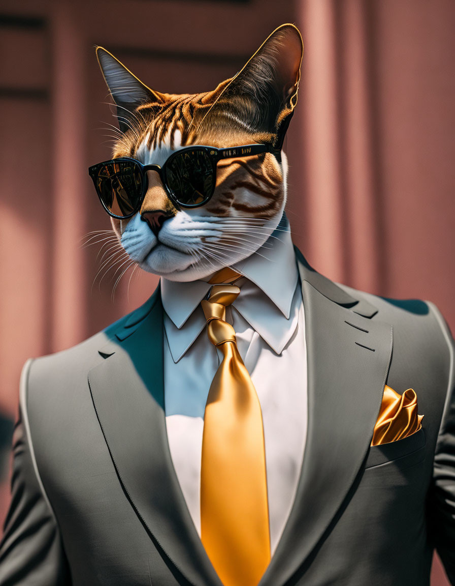 Cat with human body in suit, sunglasses, and gold tie