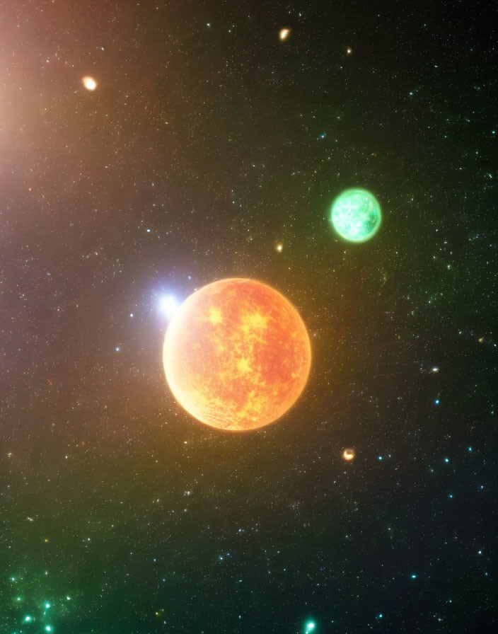 Large Orange Star and Green Planet in Celestial Scene